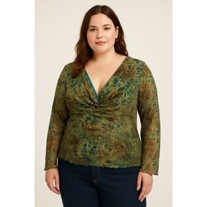 Vtg  Top 16W Peacock Abstract Mesh Babydoll Y2K Boho Artsy Festival Forestcore‎